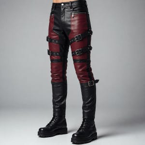 May include: Black and dark red leather pants featuring a color-blocked design, multiple horizontal straps with silver-toned metal buckles across the thighs and knees, zippered pockets at the hips, and a button closure at the waist.