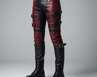 Men Red Black Leather Pants Biker Gothic Punk Strap Buckle Motorcycle Trousers Custom Fit