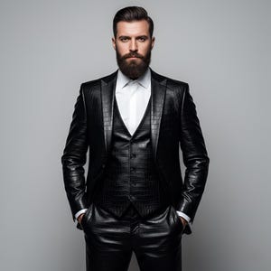 Men’s Black Crocodile Embossed Leather Suit – Luxury Tailored Leather Blazer & Pants – Custom Fit Formal Gothic Outfit