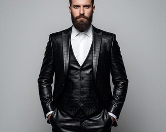 Men’s Black Crocodile Embossed Leather Suit – Luxury Tailored Leather Blazer & Pants – Custom Fit Formal Gothic Outfit