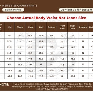 May include: A size chart for pants, with measurements in inches. The chart includes waist, hip, thigh, knee, calf, bottom, front rise, back rise, inseam, and outseam measurements. The text "Contact us for custom order" is visible.