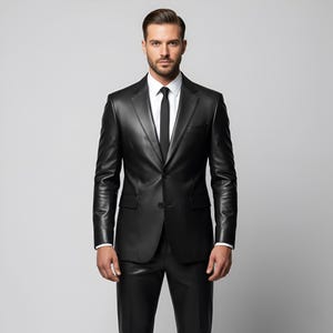 Handmade Black Cowhide Leather Suit | Custom Tailored Blazer & Pants