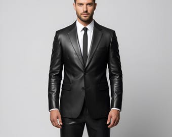 Handmade Black Cowhide Leather Suit | Custom Tailored Blazer & Pants