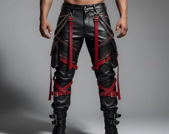 Gothic Red & Black Leather Pants | Chain Straps, Custom Fit