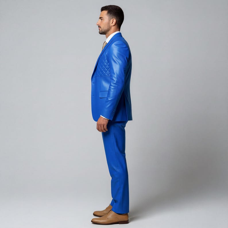 Puede incluir: Un traje azul vibrante con un dise&ntilde;o acolchado en la chaqueta. El traje incluye una chaqueta y pantalones a juego, combinados con zapatos de cuero marr&oacute;n. La chaqueta tiene solapas con muescas y el traje se lleva sobre una camisa blanca y una corbata estampada.