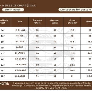 May include: A brown and white size chart for coats, with measurements in inches. The chart includes sizes from X-Small to 5X-Large, detailing actual body chest, garment chest, waist, cross shoulder, and sleeve measurements. Text at the top reads "MEN'S SIZE CHART (COAT)".