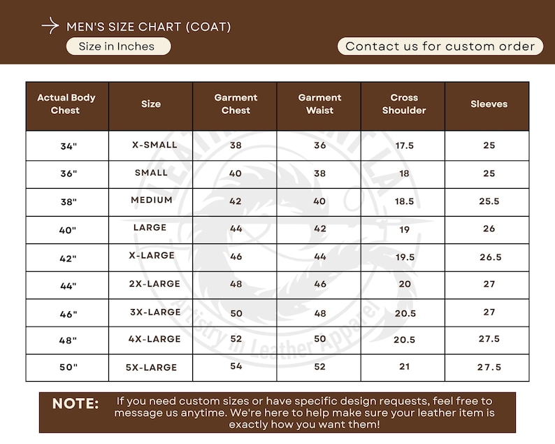 May include: A brown and white size chart for coats, with measurements in inches. The chart includes sizes from X-Small to 5X-Large, detailing actual body chest, garment chest, waist, cross shoulder, and sleeve measurements. Text at the top reads "MEN'S SIZE CHART (COAT)".