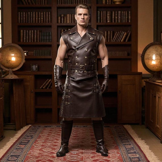 Handmade Brown Leather Kilt Outfit: Steampunk Gladiator Cosplay