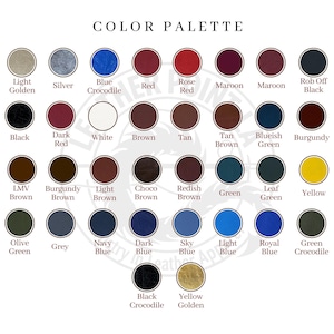 May include: Color palette chart featuring a variety of colors, including shades of red, blue, green, and brown. Each color is displayed in a circular swatch with its name underneath. The text "COLOR PALETTE" is at the top.