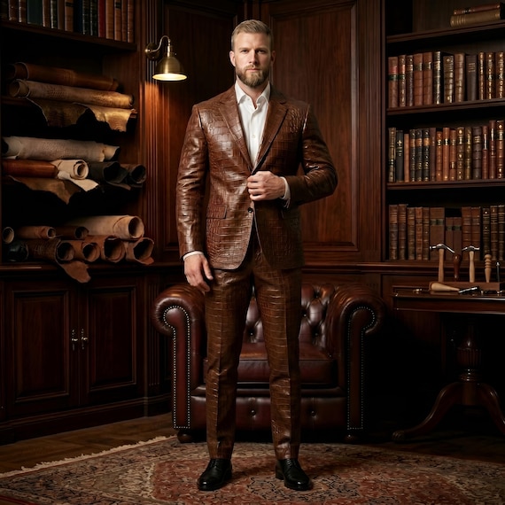 Handmade Men Leather Suit, Brown Croc Leather Suit, Men Leather Blazer Set, Luxury Leather Outfit, Formal Leather Suit, Designer Suit Men
