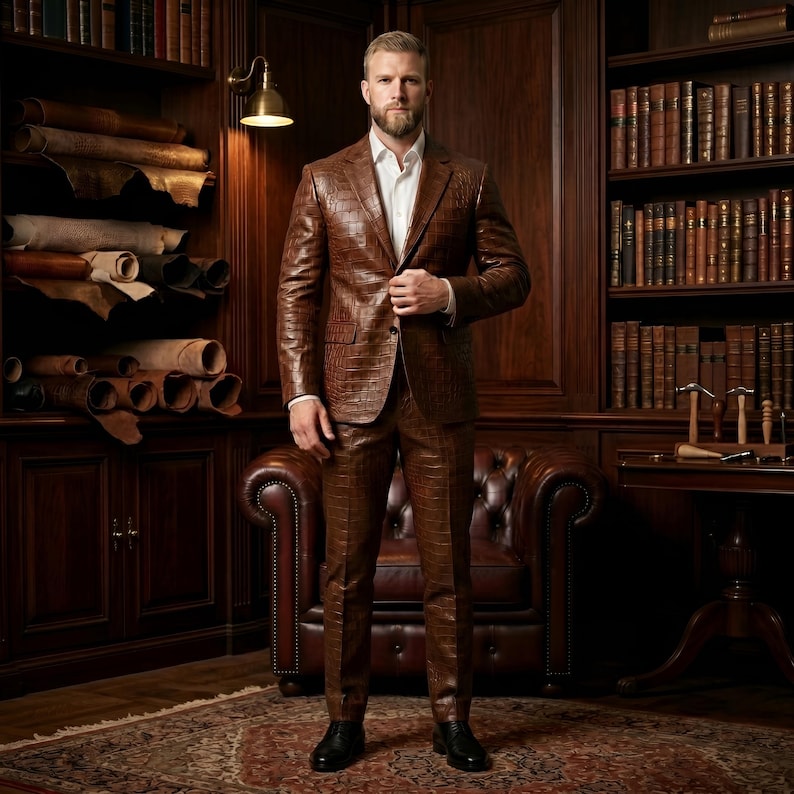 May include: A brown leather suit with a crocodile pattern. The suit includes a two-button jacket and matching trousers. The person is wearing a white dress shirt and black dress shoes. The background features a library setting with bookshelves and leather-bound books.