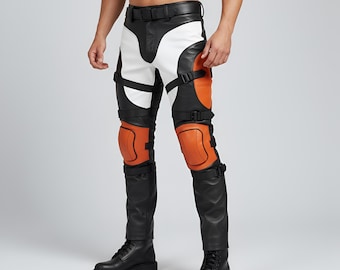 Men's Color Block Leather Biker Pants | Armored Motorcycle Trousers
