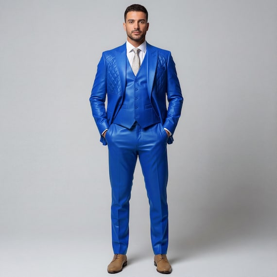 Men's Royal Blue Leather Suit | Handmade 3-Piece Outfit