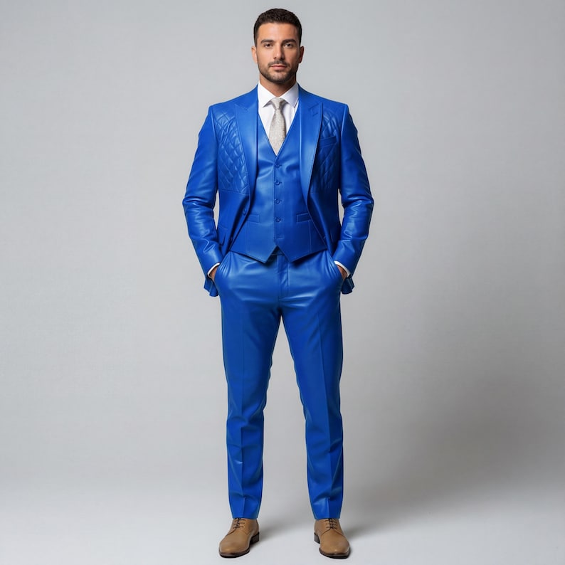 Puede incluir: Un traje de cuero azul vibrante, compuesto por una americana, un chaleco y un pantal&oacute;n. La americana presenta un dise&ntilde;o acolchado en los hombros. El traje se combina con una camisa blanca y una corbata gris claro. El modelo lleva zapatos de cuero marr&oacute;n.