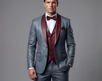 Men Leather Tuxedo Suit | Grey Leather Blazer Pants Set | Burgundy Lapel Formal Wedding Party Custom Fit Suit