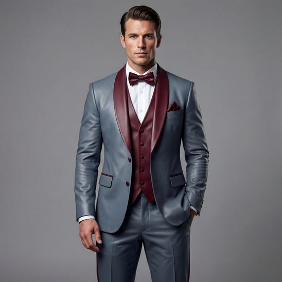 Men Leather Tuxedo Suit | Grey Leather Blazer Pants Set | Burgundy Lapel Formal Wedding Party Custom Fit Suit