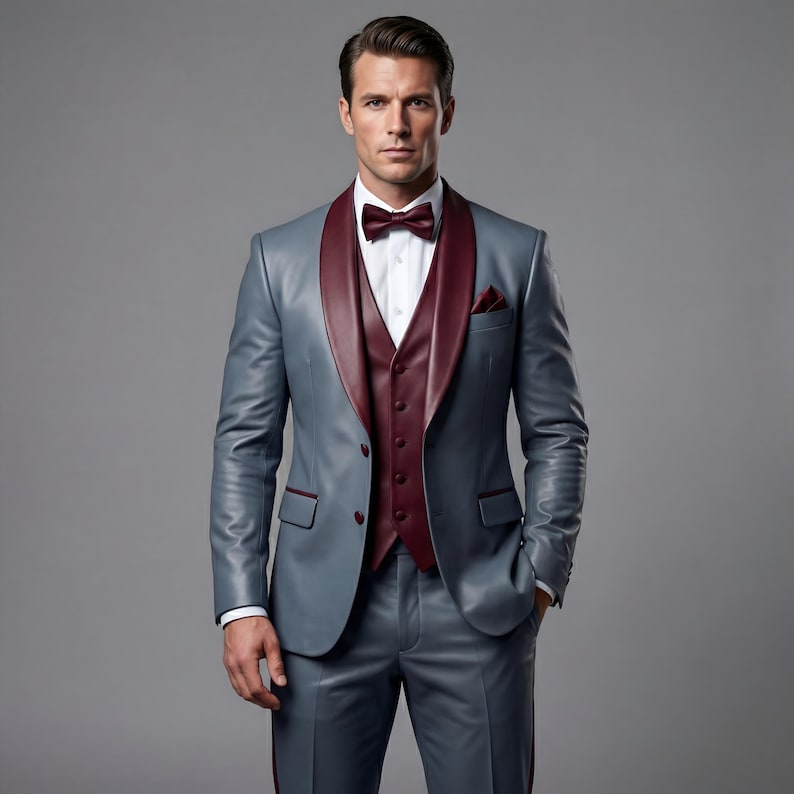 May include: A formal gray suit with a burgundy lapel, vest, and bow tie. The suit includes a matching jacket, vest, and trousers. The suit is worn with a white dress shirt and a pocket square. The suit is a classic formal wear ensemble.