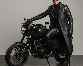 Herren Schwarzer Rindsleder Trenchcoat | Gothic Steampunk Mantel