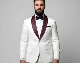 White Leather Tuxedo Suit – Handmade Custom Fit Groom Wedding Tuxedo