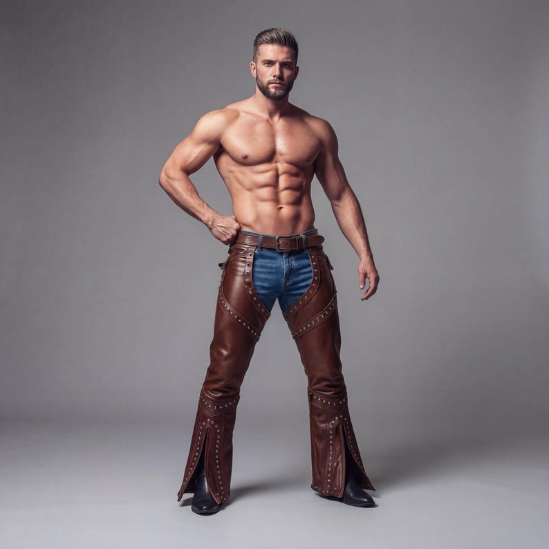 May include: Brown leather chaps with studded accents, worn over blue jeans. The chaps feature a split design at the bottom and are paired with a brown belt. The image is set against a neutral gray backdrop.