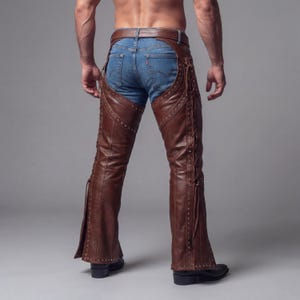 May include: Brown leather chaps with decorative stitching and lacing details. The chaps are worn over blue jeans and feature a belt. The leather chaps have a classic western style.
