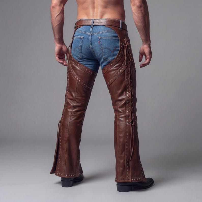 May include: Brown leather chaps with decorative stitching and lacing details. The chaps are worn over blue jeans and feature a belt. The leather chaps have a classic western style.