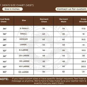 May include: A size chart for men's vests, displaying measurements in inches. The chart includes actual body chest, garment chest, waist, and cross shoulder measurements for sizes X-Small to 5X-Large. The text "Contact us for custom order" is also visible.