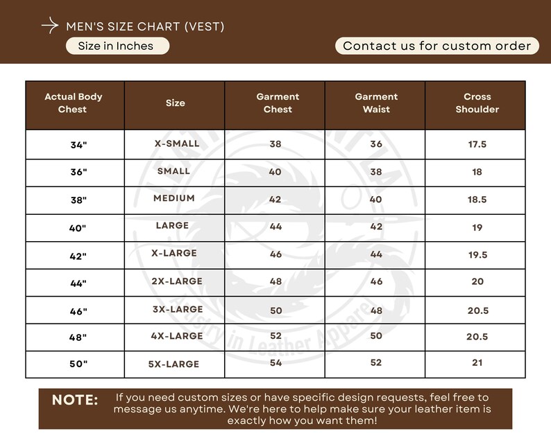 May include: A size chart for men's vests, displaying measurements in inches. The chart includes actual body chest, garment chest, waist, and cross shoulder measurements for sizes X-Small to 5X-Large. The text "Contact us for custom order" is also visible.