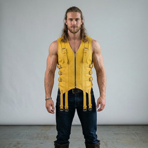 Handmade Yellow Leather Vest Men Strap Buckle Vest Gothic Biker Vest Sleeveless Leather Jacket Festival Outfit Custom Fit