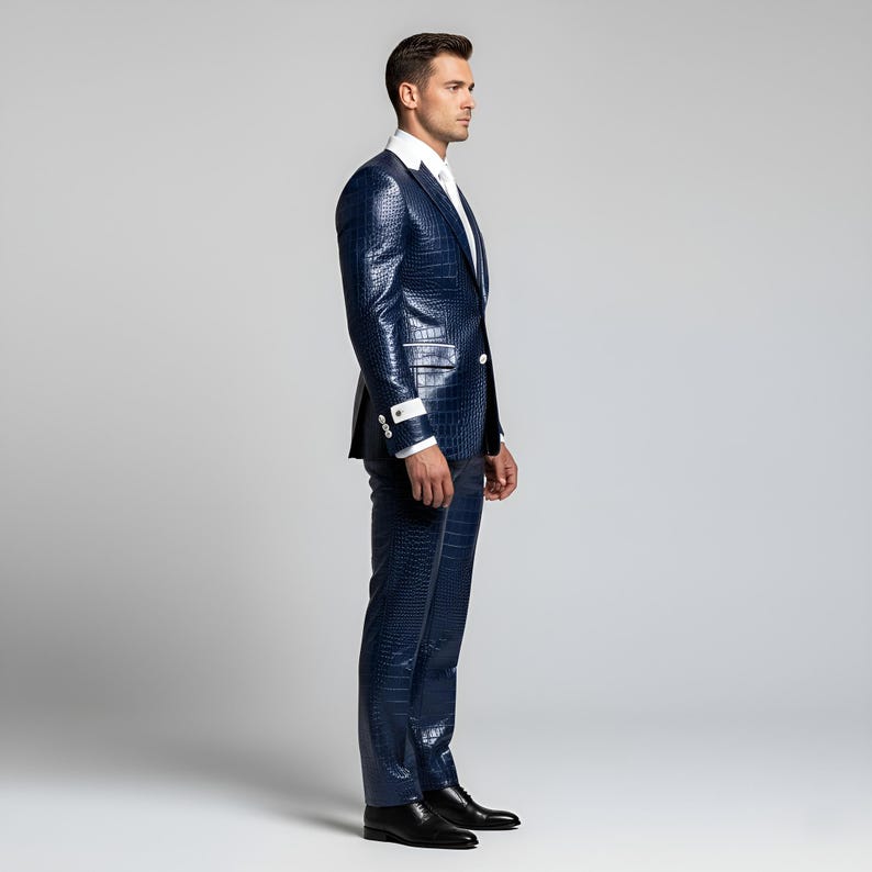 May include: A navy blue suit with a textured, crocodile-like pattern. The suit includes a blazer with white trim and matching trousers. The person is wearing a white dress shirt and black dress shoes.