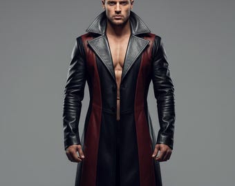 Handmade Black & Maroon Leather Trench Coat | Gothic Cosplay Duster
