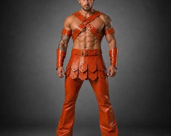 Men's Crocodile Embossed Leather Gladiator Costume, Fantasy Warrior Armor Set