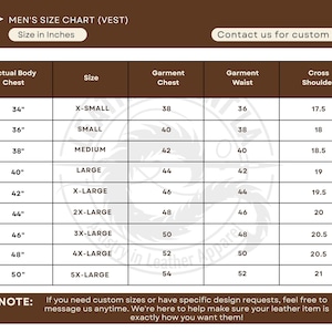 Puede incluir: Tabla de tallas de chalecos en pulgadas. Las tallas van desde X-Small hasta 5X-Large, con las medidas correspondientes de pecho, cintura y hombros. Tambi&eacute;n incluye el texto "Cont&aacute;ctenos para pedidos personalizados".
