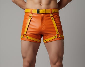 Men Leather Harness Shorts | Fetish Clubwear Leather Shorts | Buckle Strap Festival Outfit for Men | Leather Shorts Men
