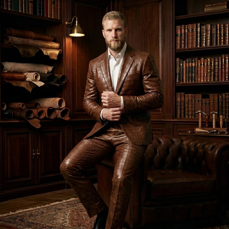 May include: A brown leather suit with a textured pattern. The suit includes a blazer and pants, worn with a white dress shirt. The image is set in a library with bookshelves and leather-bound books.
