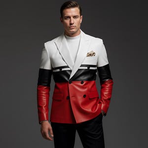 Men’s Red White Black Leather Blazer | Designer Color Block Leather Jacket | Luxury Formal Statement Outfit