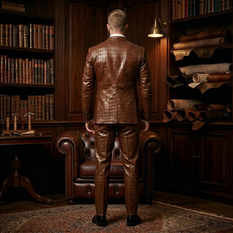 May include: A brown, textured leather suit, including a jacket and pants, is shown from the back. The suit has a reptile-like pattern. The background includes a library with bookshelves, a leather armchair, and a desk.