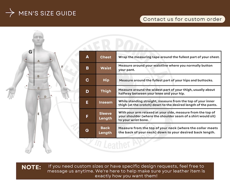 May include: A men's size guide with a diagram of a person and measurement instructions. The guide includes measurements for chest, waist, hip, thigh, inseam, sleeve length, and back length. Text at the top says "Men's Size Guide".