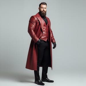 May include: A full-length, burgundy leather coat with a matching vest. The coat has a classic trench coat design. The outfit is completed with black pants, a black shirt, and black leather gloves. The model is wearing black leather shoes.
