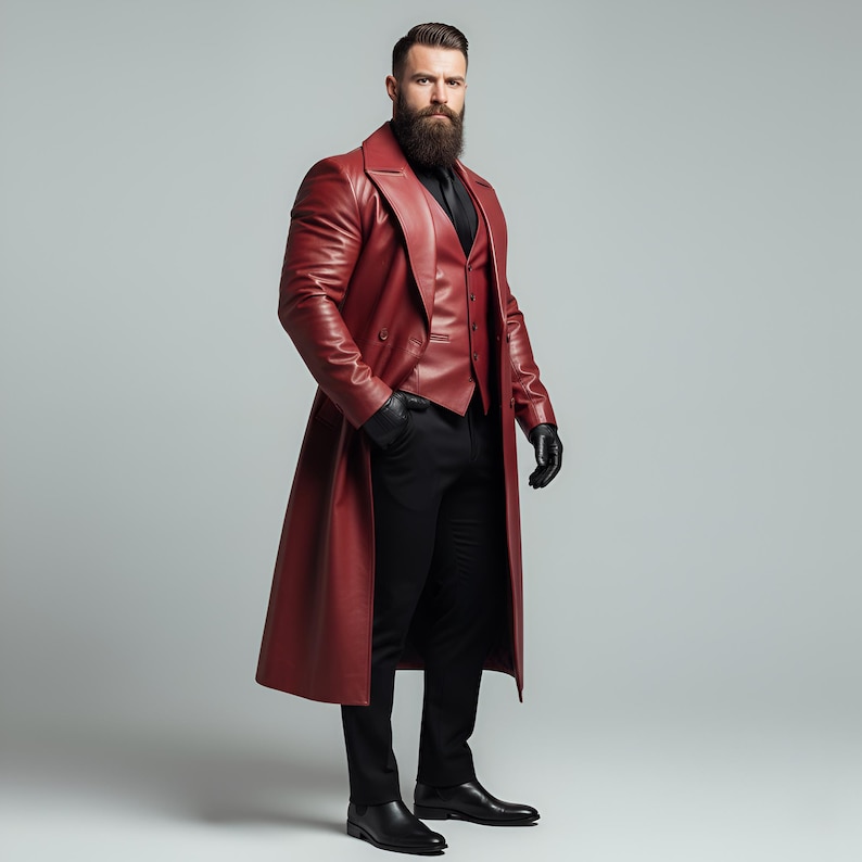 May include: A full-length, burgundy leather coat with a matching vest. The coat has a classic trench coat design. The outfit is completed with black pants, a black shirt, and black leather gloves. The model is wearing black leather shoes.
