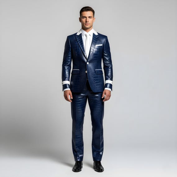 Men’s Blue Crocodile Leather Suit Set – Luxury Croc Embossed Leather Blazer & Pants, Custom Handmade Formal Leather Outfit