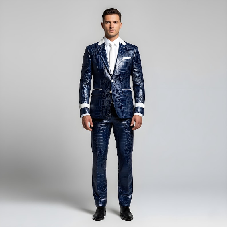 May include: A navy blue suit with a crocodile skin texture. The suit features a two-button blazer with white trim and matching trousers. A white dress shirt and tie are worn underneath. The suit is paired with black dress shoes.