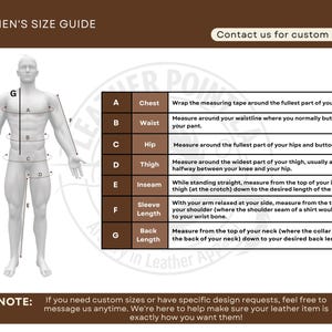 May include: A men's size guide with a diagram of a person and measurement instructions. The guide includes measurements for chest, waist, hip, thigh, inseam, sleeve length, and back length. Text at the top says "Men's Size Guide".
