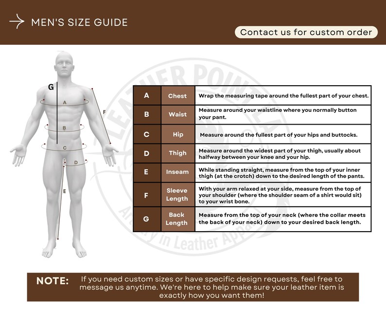 May include: A men's size guide with a diagram of a person and measurement instructions. The guide includes measurements for chest, waist, hip, thigh, inseam, sleeve length, and back length. Text at the top says "Men's Size Guide".