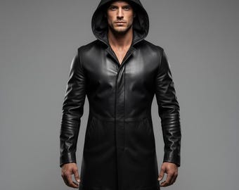 Mens Black Leather Hooded Coat | Custom Fit Gothic Jacket
