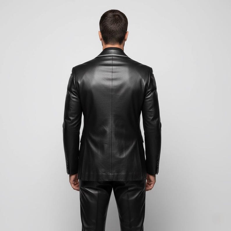 May include: A black leather suit, including a blazer and matching pants, is shown from the back. The blazer has a classic tailored fit with notched lapels and buttoned cuffs. The suit is made of a smooth, shiny leather material.