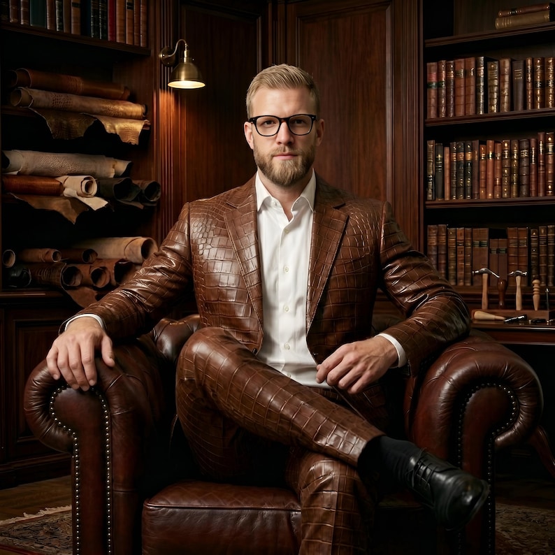 May include: A brown leather suit with a crocodile pattern. The suit is worn with a white dress shirt and black shoes. The person is seated in a brown leather armchair in a room with bookshelves and leather hides.