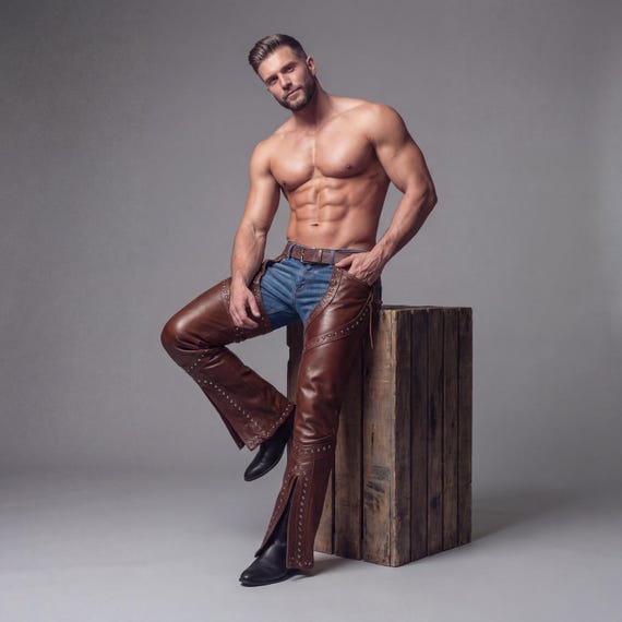 Men Leather Chaps Pants | Brown Biker Chaps Over Jeans | Western Cowboy Leather Pants | Festival Rider Outfit Men