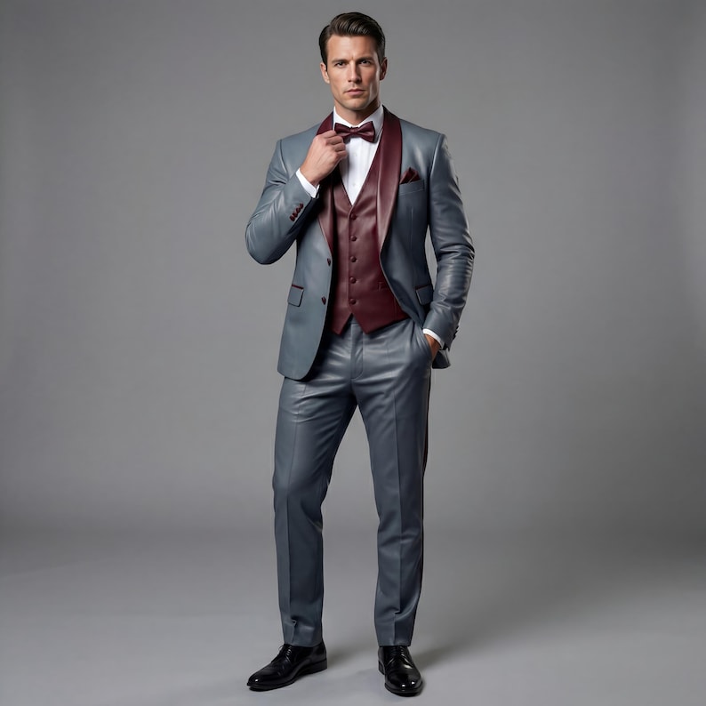 May include: A three-piece gray suit with a burgundy vest and bow tie. The suit features a notched lapel and a pocket square. The man is wearing a white dress shirt and black dress shoes. The suit is a formal wear ensemble.