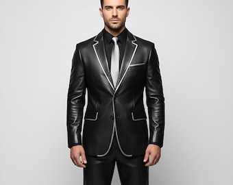 Giacca blazer formale in pelle nera da uomo, realizzata su misura, in vera pelle di lusso, per matrimoni, feste e lavoro